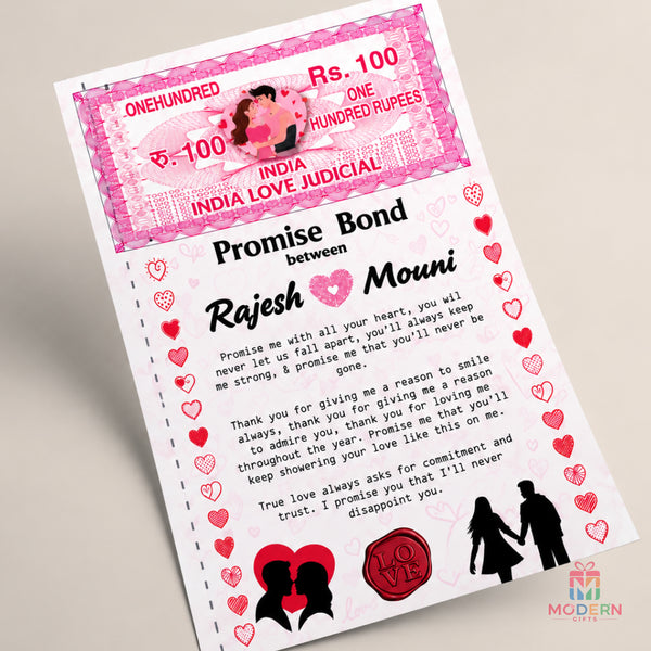 Personalized Promise Bond love certificate with couple names and ₹100 Love Bond design