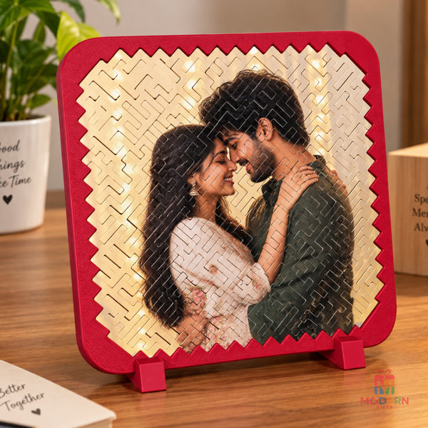 Personalized Impossible Puzzle photo frame with couple photo and interlocking puzzle design