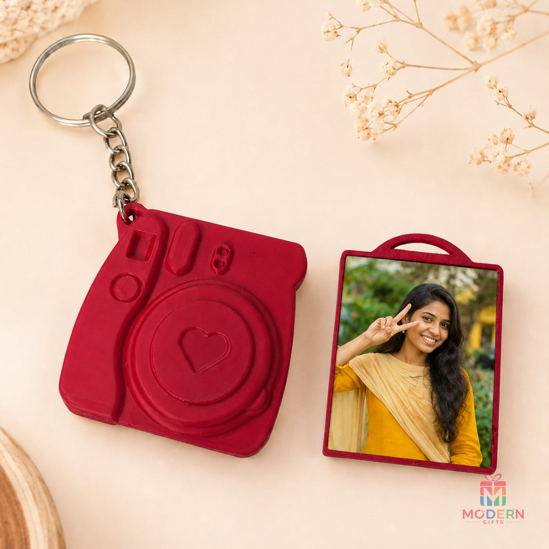 Personalized camera-shaped photo keychain featuring a custom photo and metal key ring