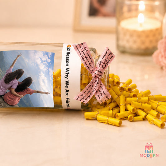 Personalized 52 Reasons Why We Are Friends gift jar with friendship notes and photo, perfect for best friends