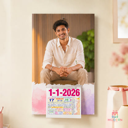 Personalized photo calendar with portrait photo, Tamil calendar details and colorful watercolor design