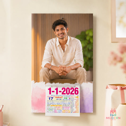 Personalized photo calendar with portrait photo, Tamil calendar details and colorful watercolor design
