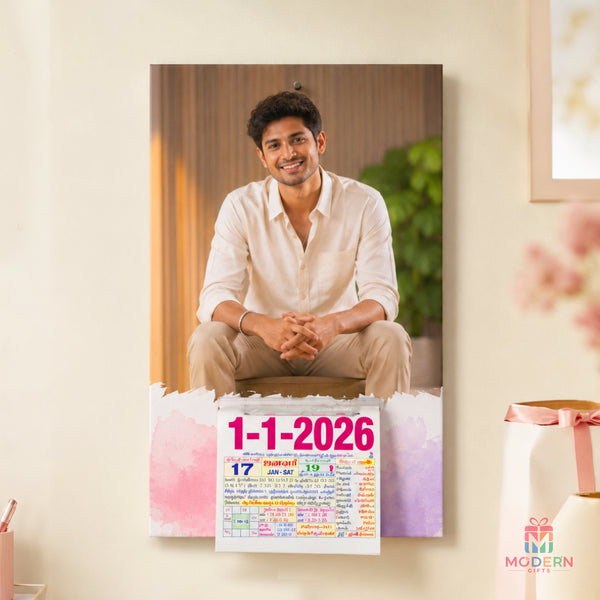 Personalized photo calendar with portrait photo, Tamil calendar details and colorful watercolor design