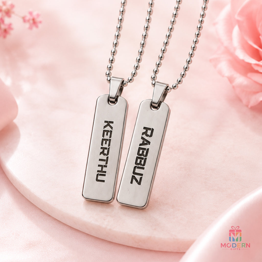 Personalized couple name pendant set with two engraved names