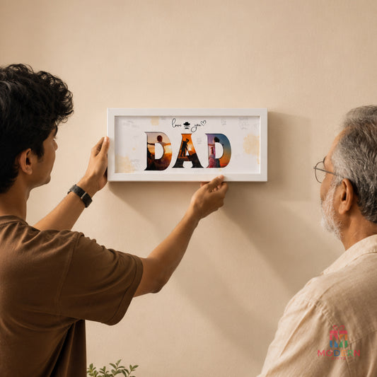 Personalized Dad photo frame with three family photos in DAD letter design