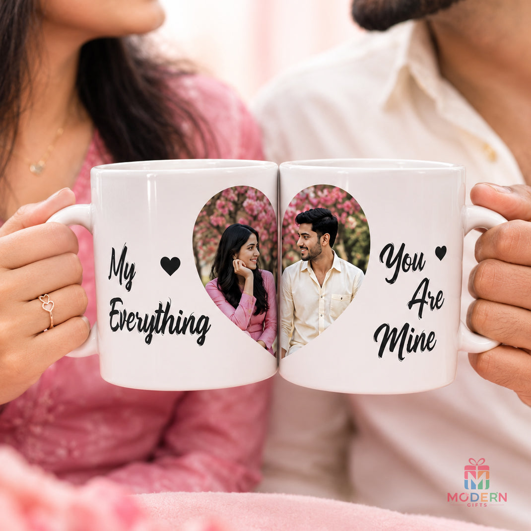 Personalized couple mug with photo and names featuring heart design