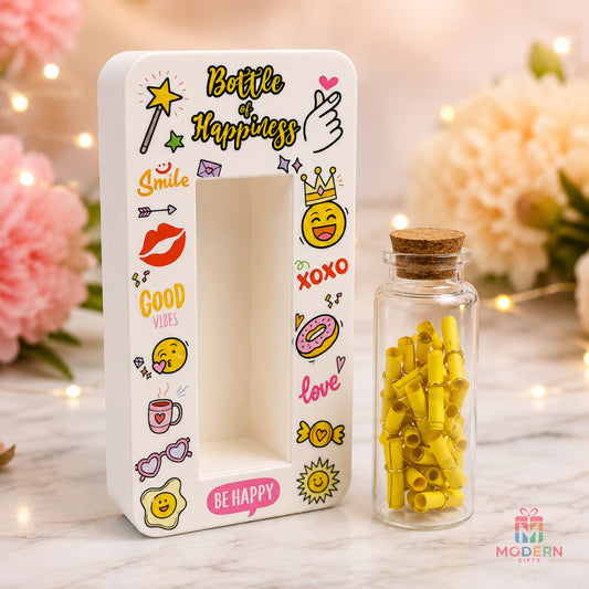 Personalized Bottle of Happiness gift with colorful message scrolls and decorative keepsake packaging