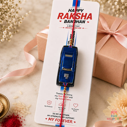 Raksha Bandhan car keychain gift for brother with decorative Rakhi thread and heartfelt brother message