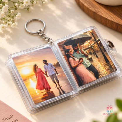 Personalized photo album keychain displaying two couple memories in a clear foldable photo holder