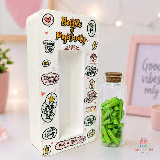 Bottle of Positivity gift filled with motivational message notes in a colorful decorative gift box