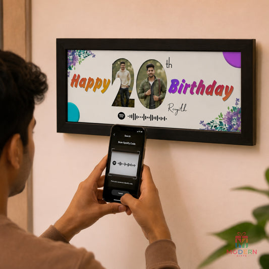 Personalized 20th birthday photo frame with custom photos, name and Spotify music code, perfect birthday gift