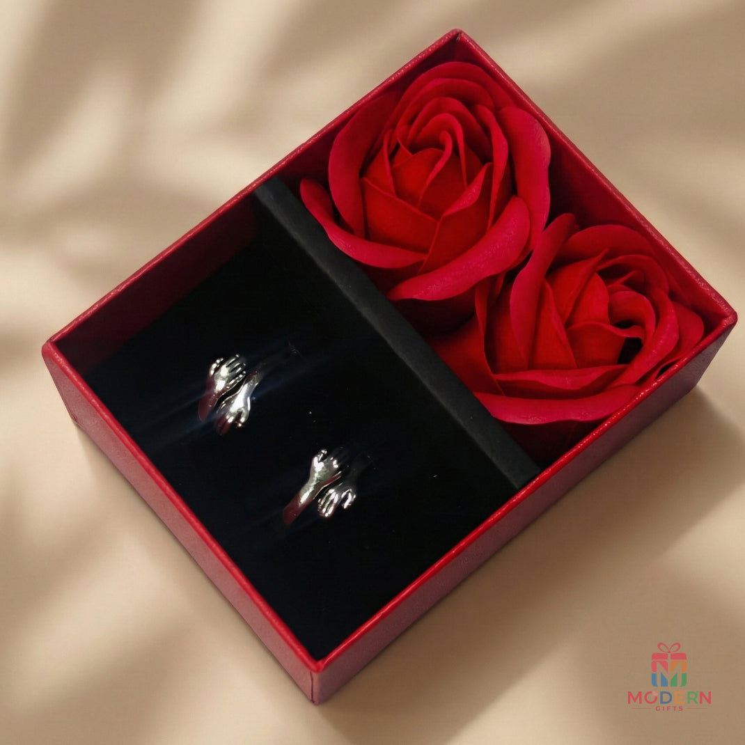 Couple Hug Ring with hand-hug design worn by a couple
