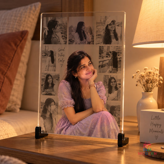 Personalized acrylic photo collage frame featuring multiple memories with a central portrait photo and tabletop stand