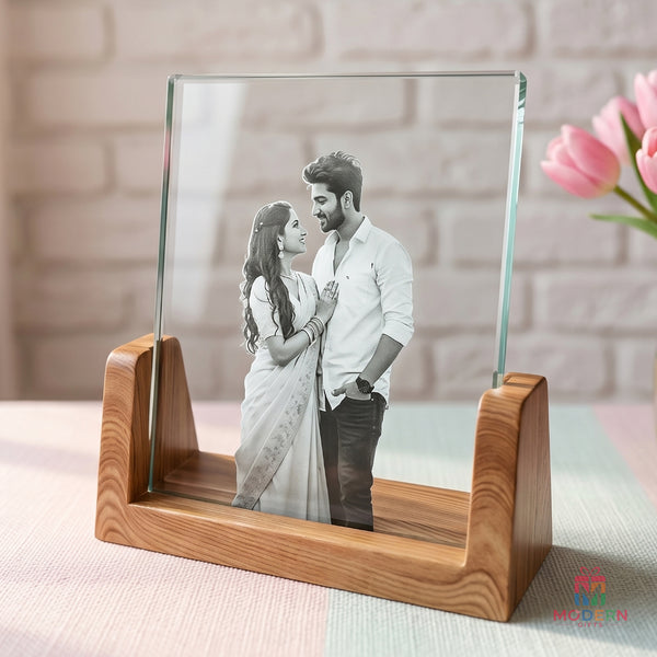 Personalized wooden LED glass photo frame with engraved couple photo.