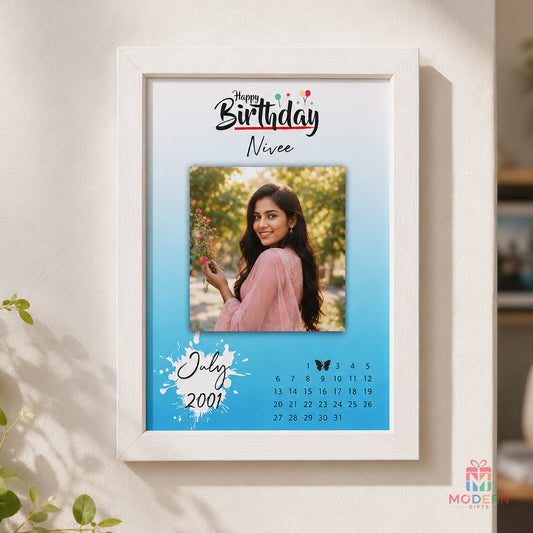 Personalized birthday photo frame featuring a custom photo, name, birth month and calendar design