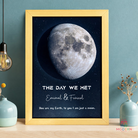 Personalized The Day We Met moon phase frame with custom couple names, romantic quote and celestial design