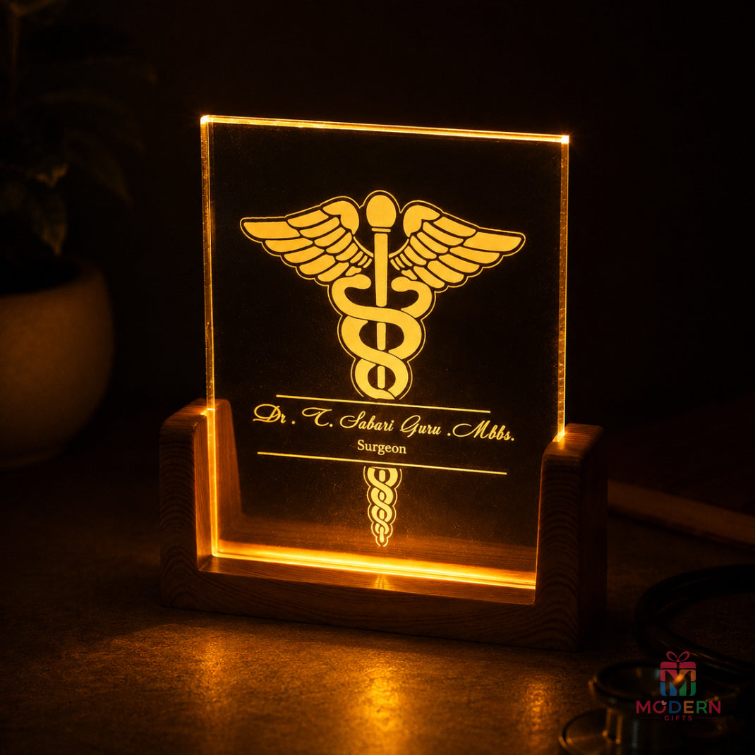 Personalized Doctor LED glass light stand with medical symbol and wooden base