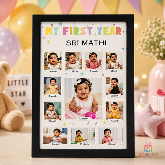 Personalized A3 baby first year photo frame with monthly milestone pictures and 12-month baby photo collage
