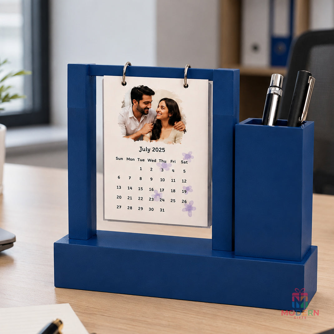 Personalized photo calendar stand with custom couple picture, available in red, black and blue designs