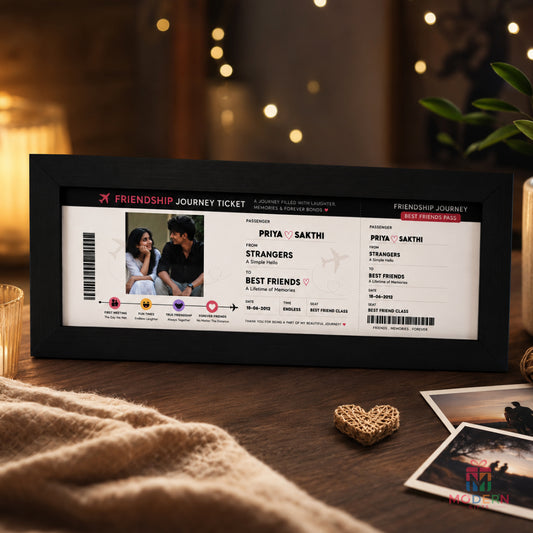 Personalized Friendship Journey Ticket Frame with best friends photo, names and black frame for a memorable friendship gift.