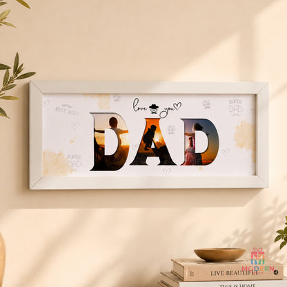 Personalized Dad photo frame with three family photos in DAD letter design