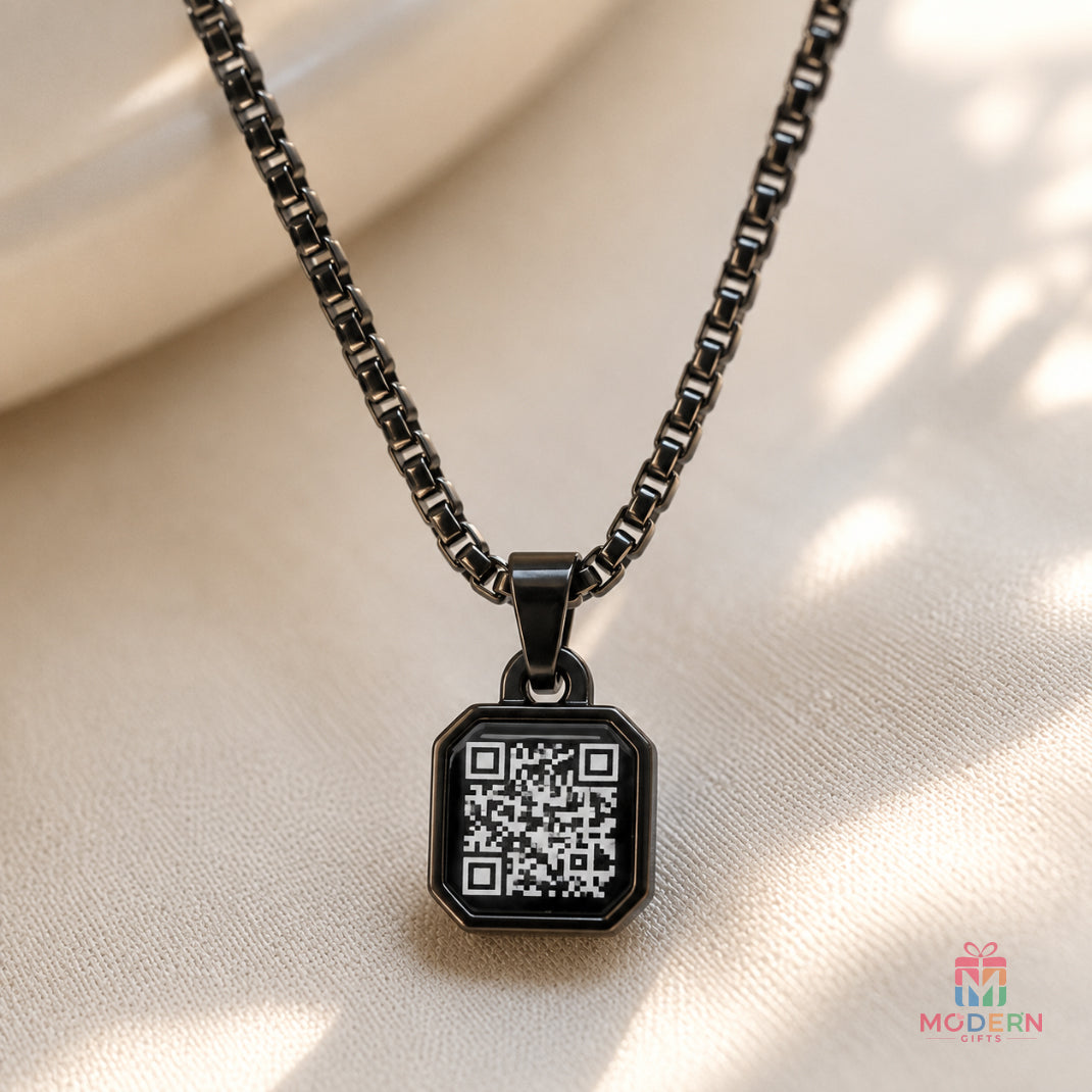 Personalized QR code photo pendant scanned with phone to view custom photo
