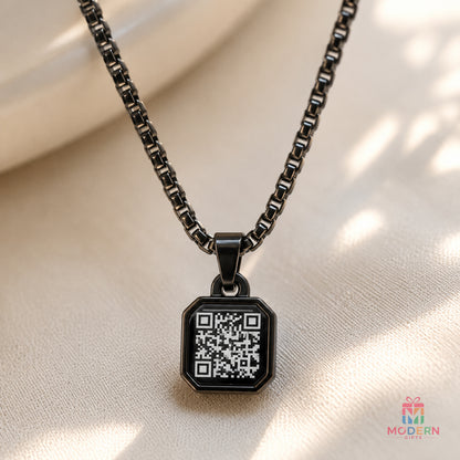 Personalized QR code photo pendant scanned with phone to view custom photo