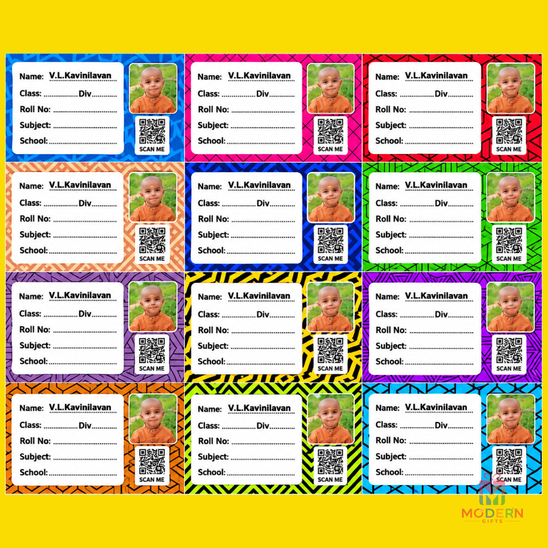 Personalized QR label for kids with photo, name, address, phone number and QR code