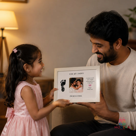 Personalized Father’s Day photo frame with dad and child photo, name and baby footprint design