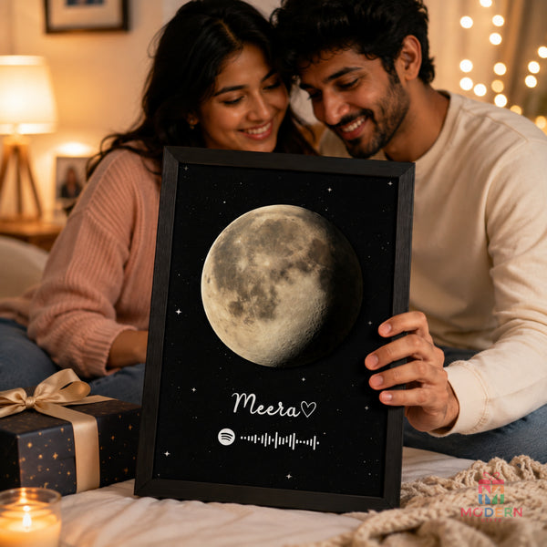 Personalized Glow Moon Spotify Photo Frame with Custom Name and Scannable Music Code.