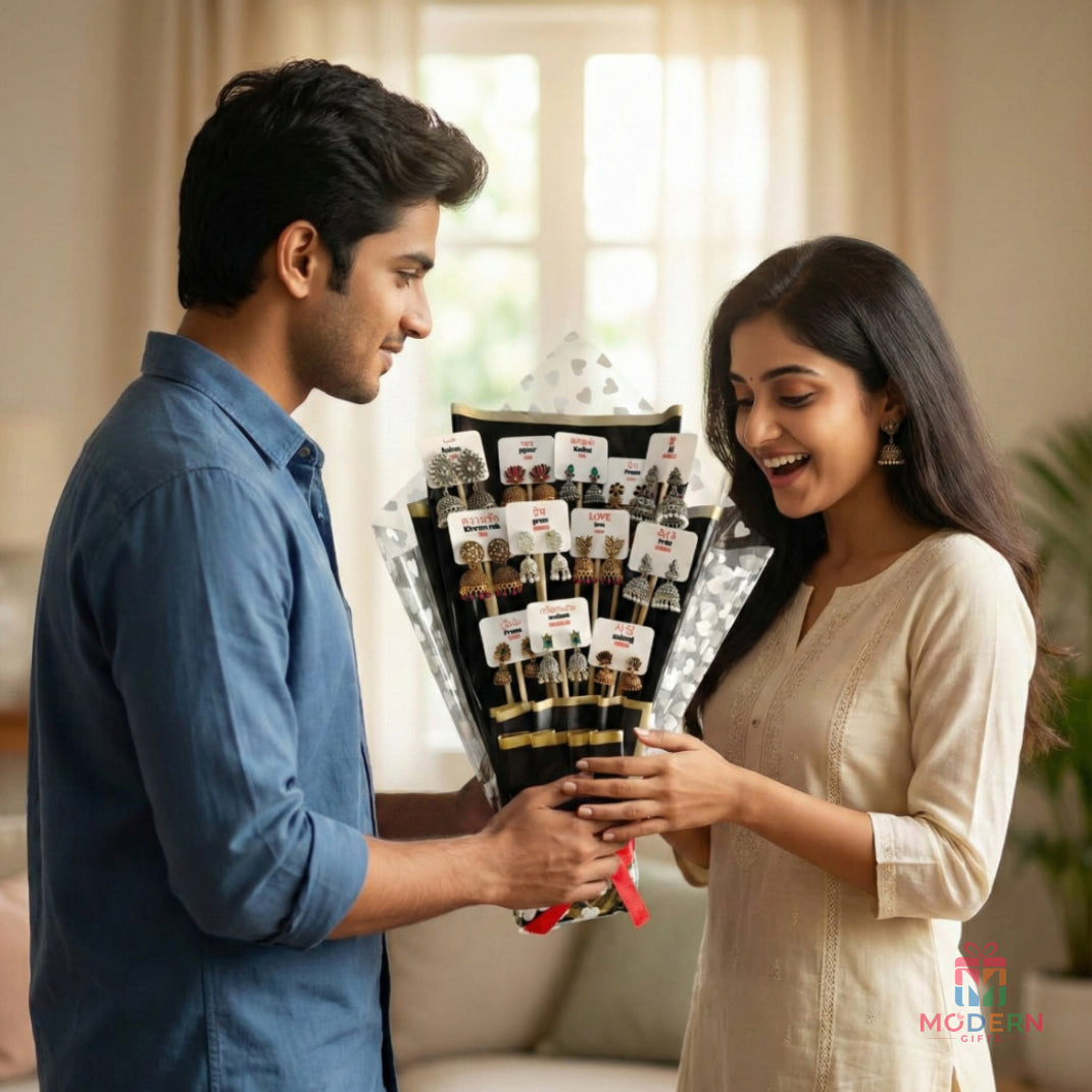 Love Bouquet with earrings in multiple languages for romantic proposal gifting