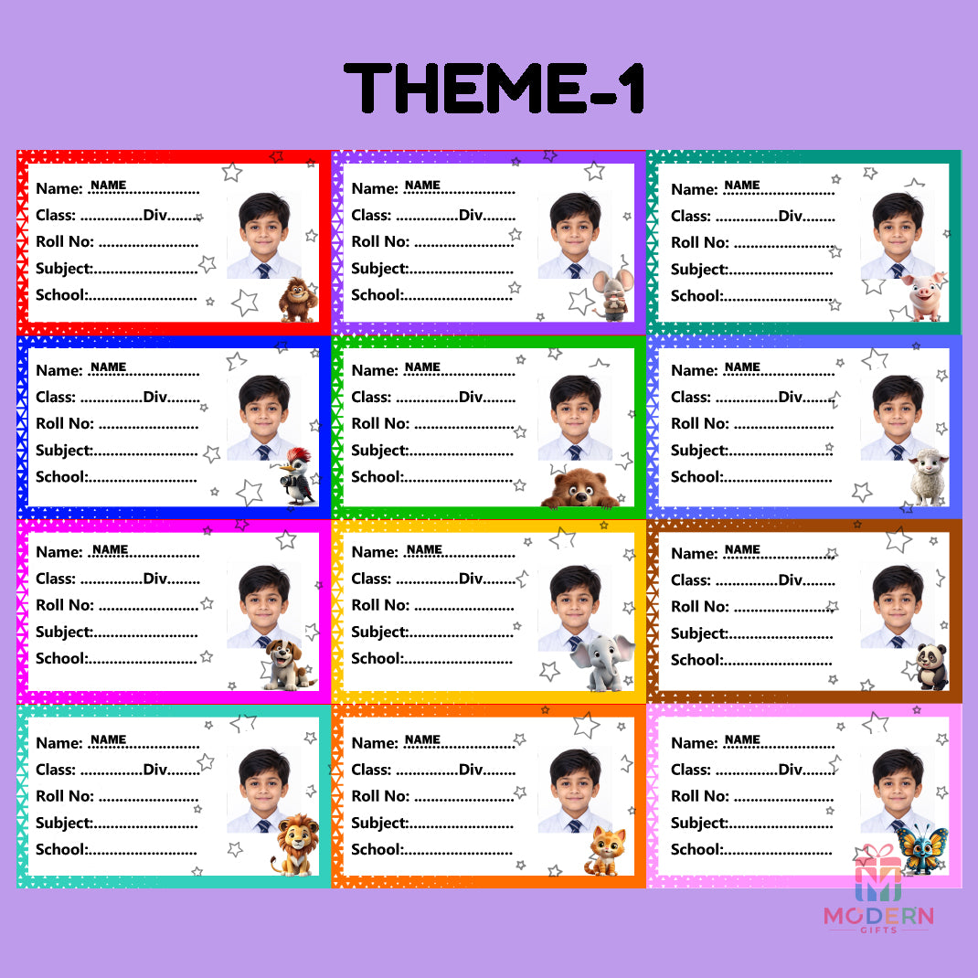 Customized kids photo labels with name, class, roll number and school details in colorful themes