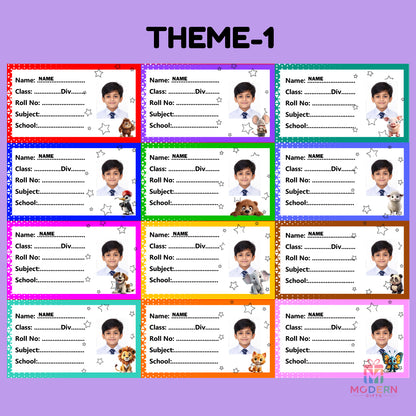 Customized kids photo labels with name, class, roll number and school details in colorful themes