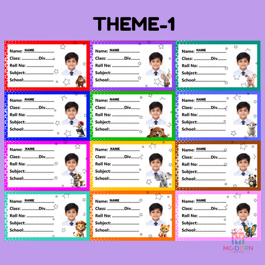 Customized kids photo labels with name, class, roll number and school details in colorful themes