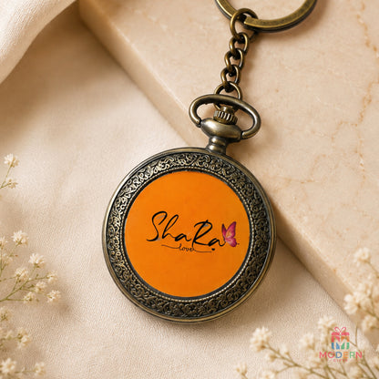 Customized clock name keychain with personalized name design, Custom name pocket watch style keychain personalized gift
