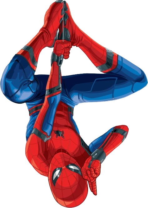 Spider-Man hanging upside down from a web